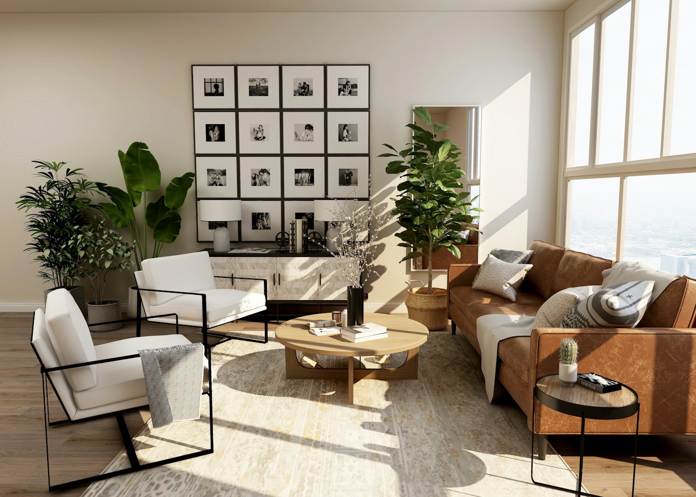 Sunlit living room with a sofa, chairs and tall windows